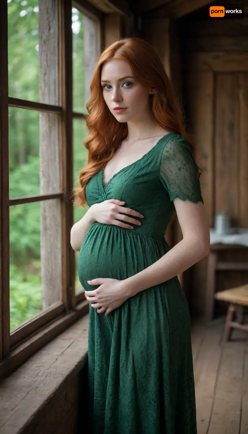 very beautiful and cute girl standing in an old forest cottage, pregnant, wearing beautiful dress, fair skin, long ginger a-style hair, big beautiful green eyes, big luscious lips, full body view, semi closeup, photographic, high quality