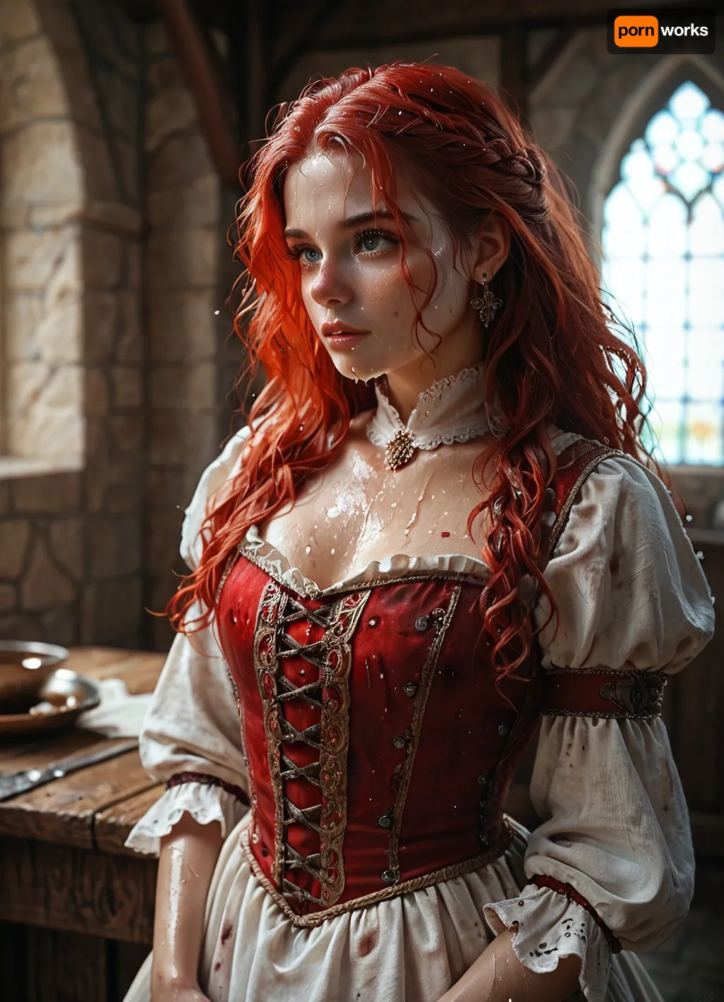 Girl with long red hair wearing a long medieval dress with a wet stain around her groin.