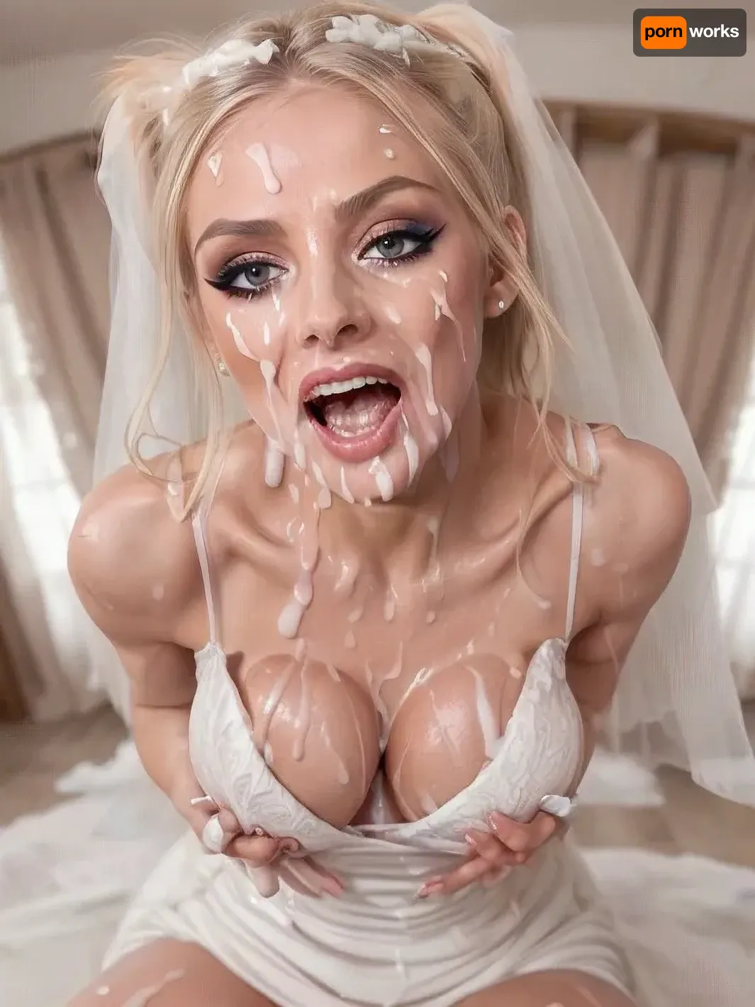 athletic blonde, skinny, smeared makeup, running makeup, running eyeliner, (sharp features), (screaming:1.6), Cleavage, Long Hair, ponytail, full body, (white wedding dress), (cum on breast:1.6), (cum on face:1.6), Realistic Eyes, Realistic quality, 8k, pov, (masterpiece), best quality, incredible detail, spreading legs, (scared expression), cum facial, mouth full of cum, covered in cum, cumdrip, after sex, looking away from camera, small breasts, <lora:screaming:.2>, <lora:cum_b1:.3>