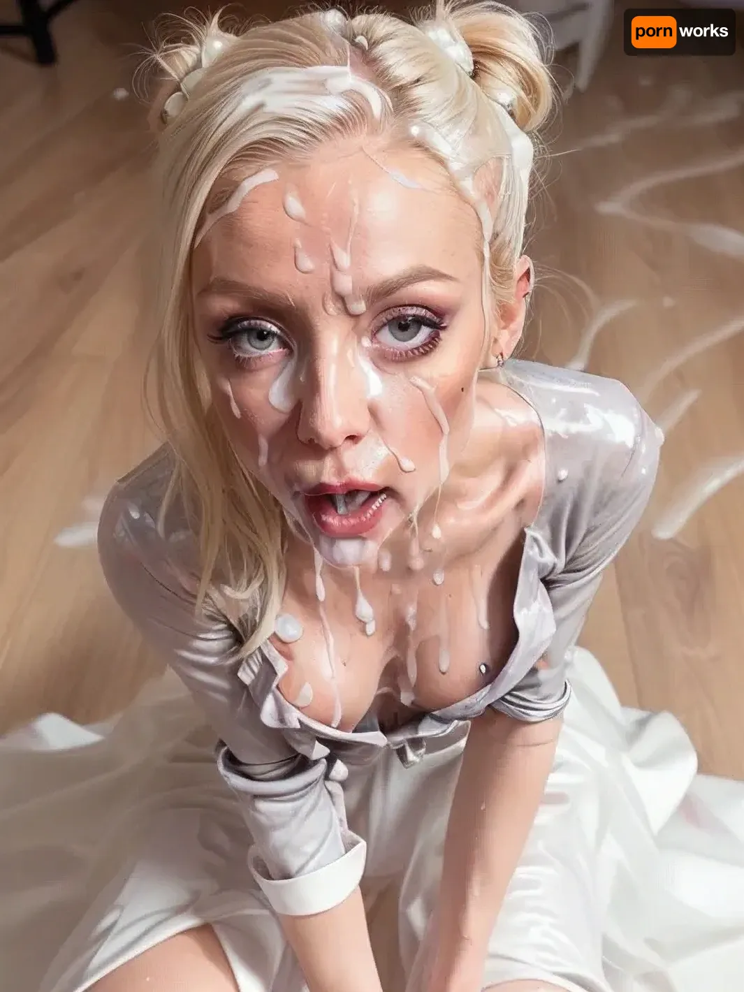 athletic blonde, skinny body, skinny face, sharp features, pale skin, smeared makeup, running makeup, (fully clothed:1.6), Cleavage, hairbun, open mouth, messy hair, full body, (white wedding dress), (cum on face:1.6), Realistic Eyes, Realistic quality, 8k, pov, (masterpiece), best quality, incredible detail, spreading legs, cum facial, (mouth full of cum), covered in cum, cumdrip, after sex, looking at the camera, (small breasts:1.6), Tired, Expression, Tired_Expression, <lora:cum_b1:.5>, <lora:Tired_Expression:.5>