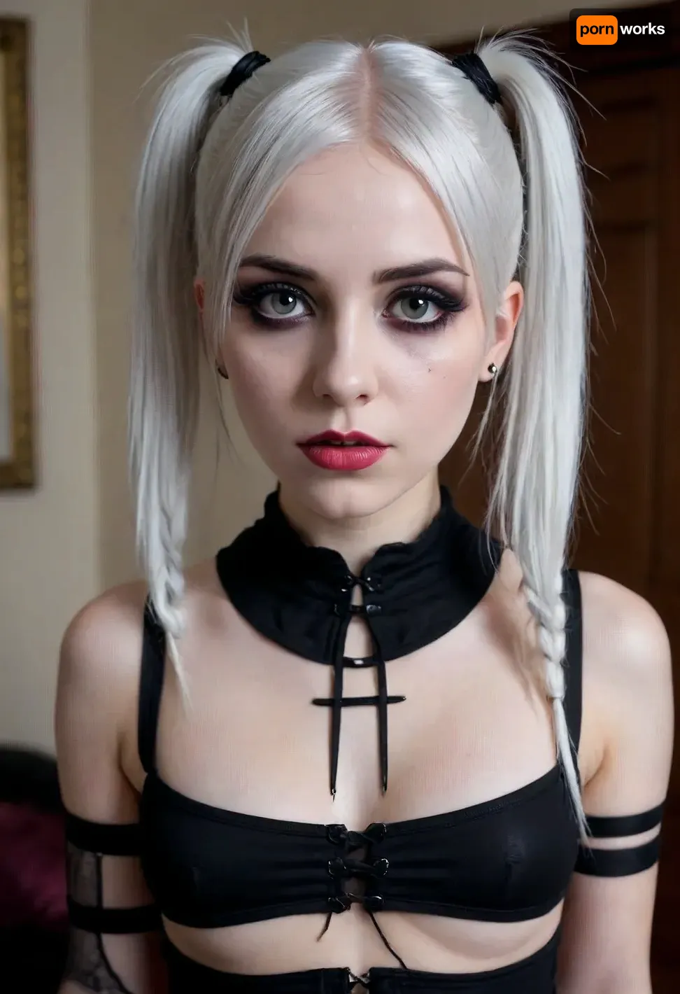 Goth girl, emo girl, beautiful face, white hair, (goth clothes), (goth makeup), full body, perky breasts, skinny, slender, (((cum on face:1.3))), (sharp features), (pigtails), (cum leaking from pussy:1.2)
