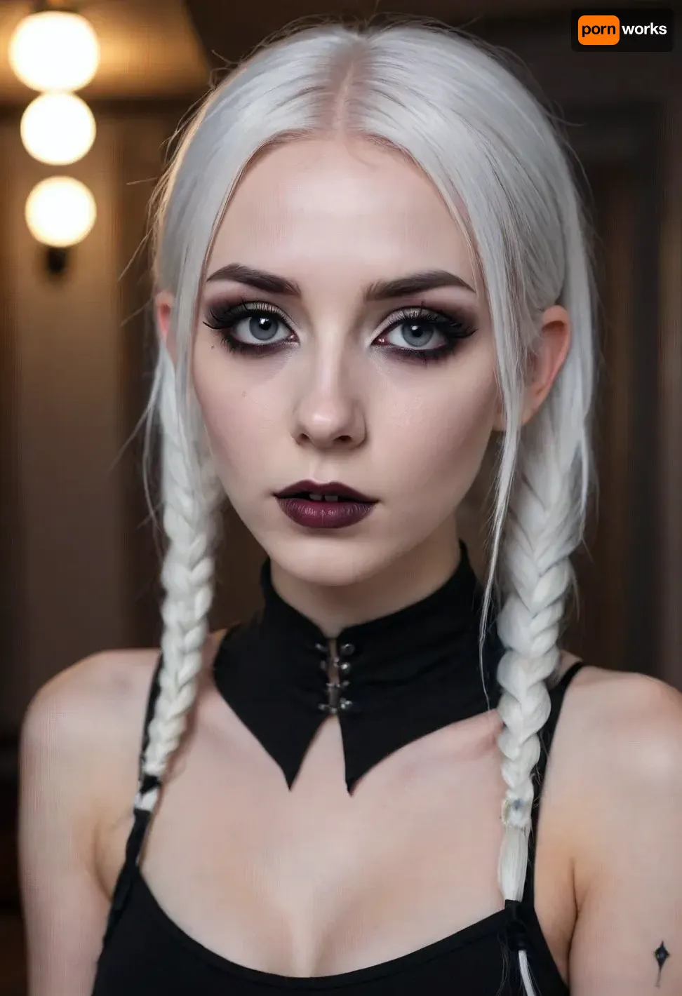 Goth girl, emo girl, beautiful face, white hair, (goth clothes), (goth makeup), full body, perky breasts, skinny, slender, (cum on face:1.3), (sharp features), (pigtails), (cum leaking from pussy:1.2)