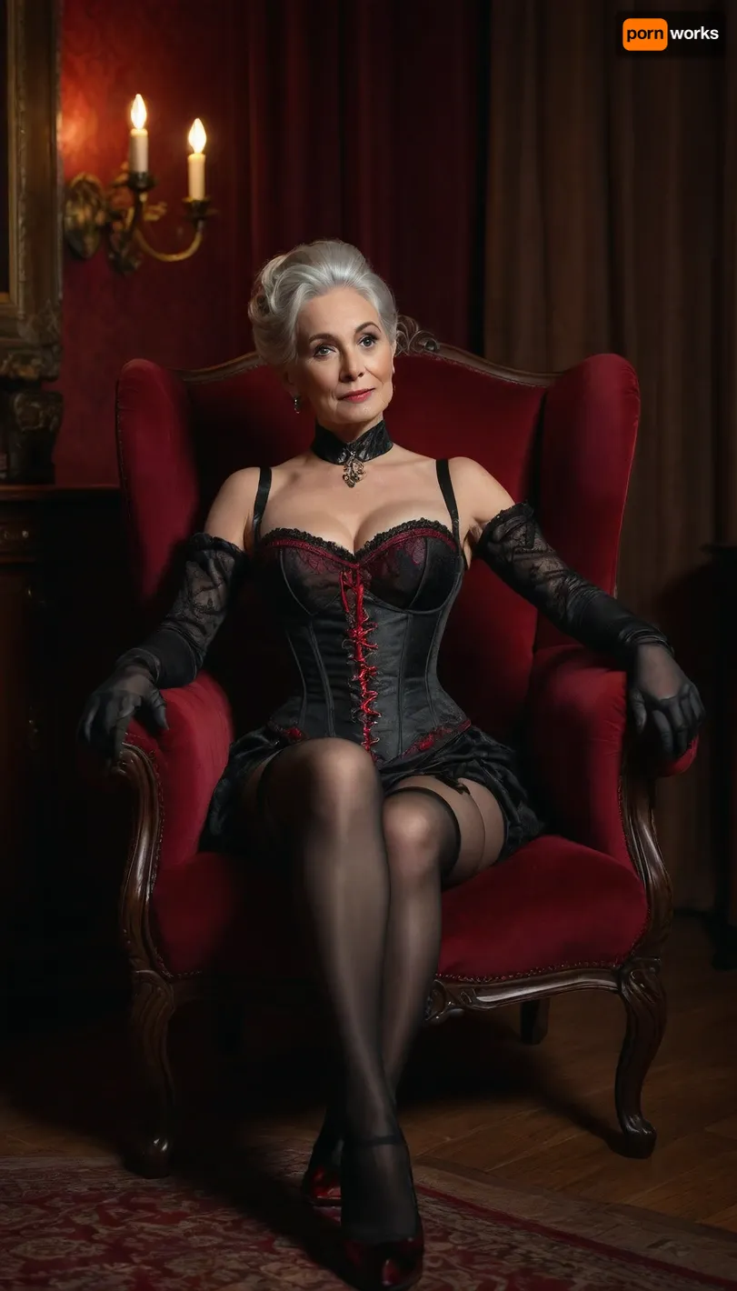 full view. cinematic lighting, soft focus, soft light, anatomically correct, wide angle view, photorealistic, highly detailed, HDR, ultra realistic. in the middle of an elegant room an ornately carved ebonized wooden fauteuil with comfortable dark red brocade silk upholstery and high armrests. an elderly woman, mistress, 75 years of age, strict yet friendly looking, silver hair tied in bun, black corset with red details, black garter belt, straps, black sheer holdup stockings, black sating opera gloves, christian laboutin style black shiny high heels with red soles, is sitting with crossed legs on the chair resting each of her arms on one of the armrests, warm, light, candlelight, atmospheric, style, <lora:warm light style v2:.5>