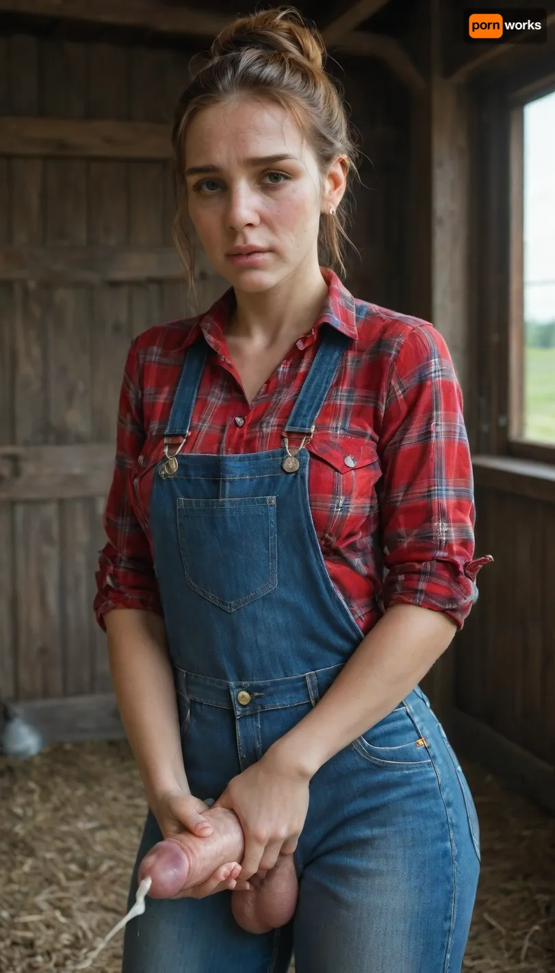 beautiful sexy slender 25 year old woman posing, (masturbating:1.4), denim overalls, flannel shirt, no makeup, hazel eyes, hair bun, ginger hair, cowboy shot, farm, perfect hands, perfect fingers, (erect penis), (futanari:1), (rugged face:1.4), (orgasm:1), (covered in cum:1.6), <lora:MJ52_v2.0:1>