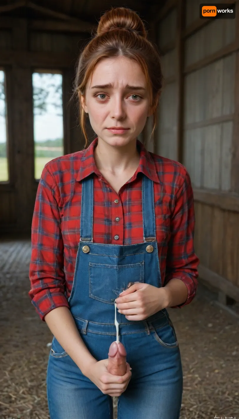 beautiful sexy slender 25 year old woman posing, (masturbating:1.4), denim overalls, flannel shirt, no makeup, hazel eyes, hair bun, ginger hair, cowboy shot, farm, (perfect hands), perfect fingers, (erect penis), (futanari:1), (nervous face:1.8), (covered in cum:1.6), <lora:MJ52_v2.0:1>