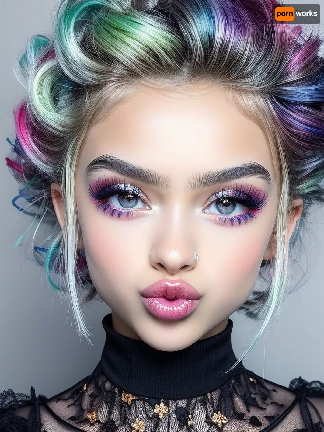 Hyperrealism, natural petite cutie, 18 years old beautiful, stunning unique female character. She has large eyes filled with joy and excitement, extravagant eyelashes, colorful short hair, ruffled hair, making this image a masterpiece of photography and digital art. Style, realistic hyper-detailed rendering, 32k UHD, expressive eyes, punk, graphic design, girl's face, pretty and cute, gleaming lips, white skin, pouting, <lora:weight_slider_v2:-1>, <lora:more_details:.5>, <lora:age_slider_v20:-2>, <lora:Pouting:.7>, <lora:r0m4nt1cg0th:.5>