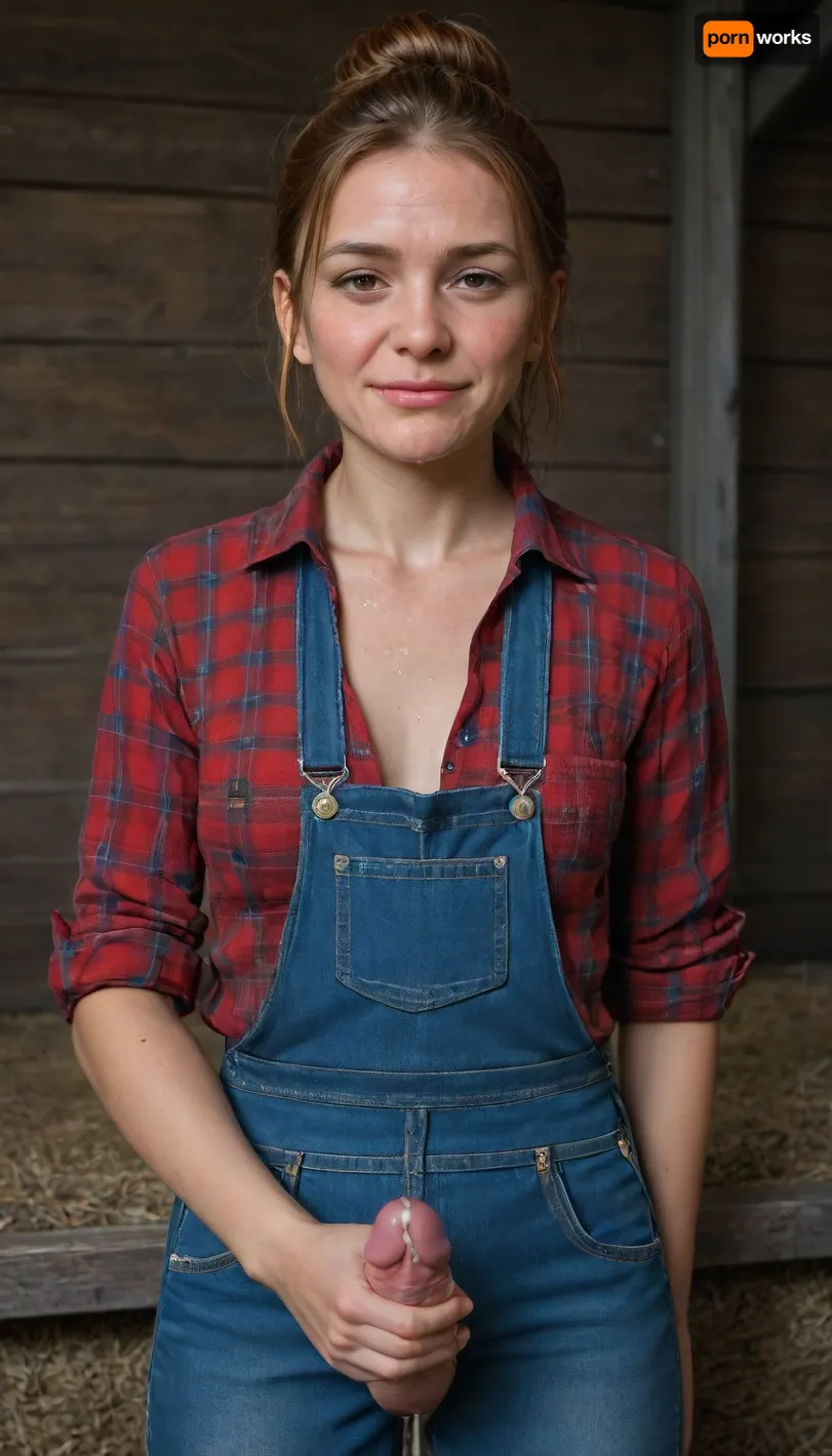 beautiful sexy slender 25 year old woman posing, (masturbating:1.4), denim overalls, flannel shirt, no makeup, Brown eyes, hair bun, ginger hair, cowboy shot, farm, perfect hands, perfect fingers, (erect penis), (futanari:1), (hungry face:1.7), (covered in cum:1.6), <lora:MJ52_v2.0:1>