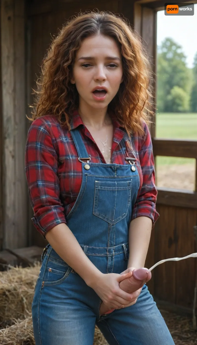 beautiful sexy slender 25 year old woman posing, (masturbating:1.4), denim overalls, flannel shirt, no makeup, hazel eyes, frizzy haircut, ginger hair, cowboy shot, farm, (perfect hands), perfect fingers, (erect penis), (futanari:1), (orgasm face:1.7), (covered in cum:1.6), <lora:MJ52_v2.0:1>