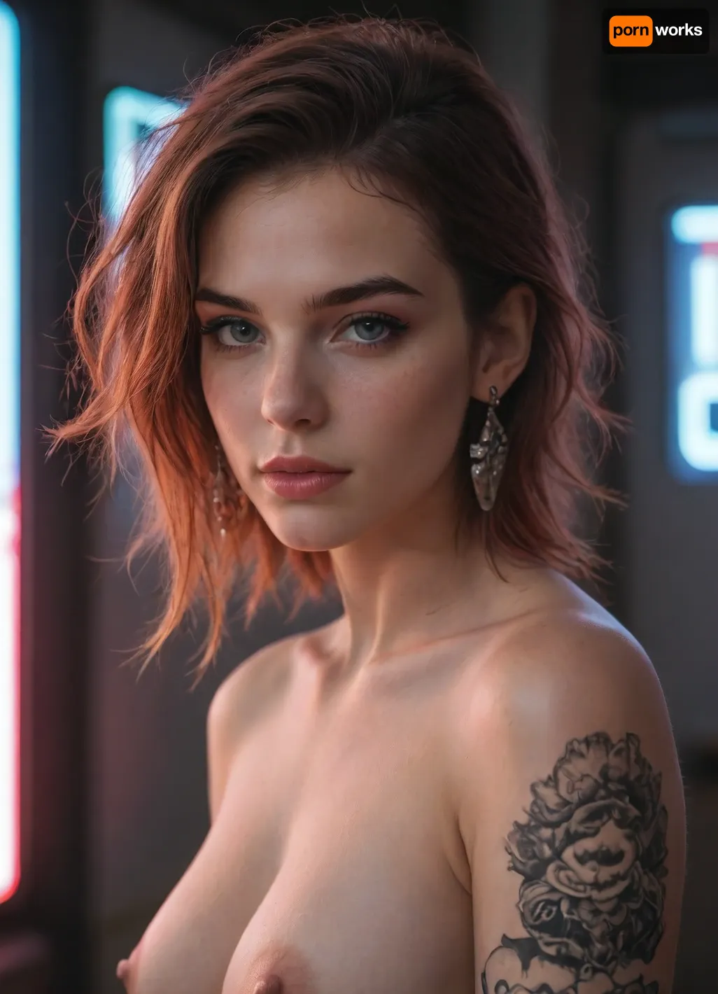 portrait of a naked 21 yo woman with an intricate glowing tattoo in brilliant red, blue, neon light. The tattoo covers part of her arm and face, creating a transcendent and supernatural light. The woman's facial expression is calm and focused, with delicate features and hair adorned with elegant accessories. The background is dimly lit, highlighting the neon lights of the tattoo. His clothes are dark, making his bright tattoos stand out. The general atmosphere is punk