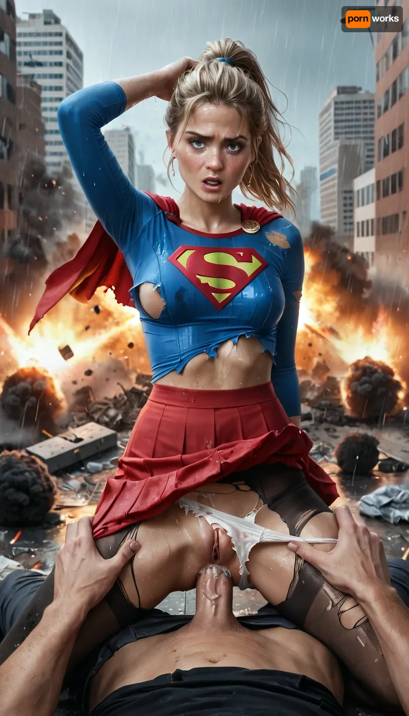 Photorealistic, realist, men and woman, ponytail hair, blondie hair, perfect hands, (freckles body:1), undressing, woman undressing, ((in destroyed city, explosions everywhere, rain, wet clothes)), men undressing woman, men tearing off her underwear, supergirl clothes torn, men tearing off dark blue shirt, tearing off red skirt, tearing off panties, (men fingering pussy), pantyhose cutted, torn and ripped bra, cumming, men pulling down her red skirt, clothes, man taking off her clothes, man takes off her panties, excitement, anal penetration, ((girl enjoying))