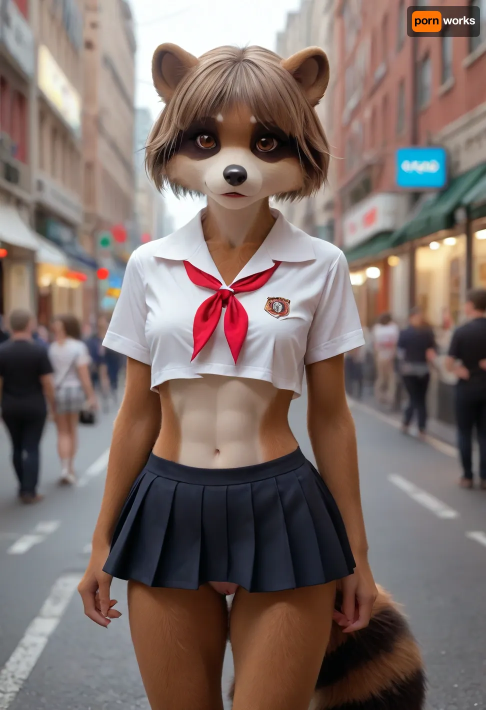 1girl, ((furry raccoon female on street)), raccoon anthro, small body, short, looking at viewer, raccoon's head, alone, fit, thin, slim, abs, small ass, city theme, school uniform, pulling up skirt to show bald pink pussy, fursuit, <lora:FursuitXL:.6>, <lora:Hegre-Nude_woman-000001:.5>