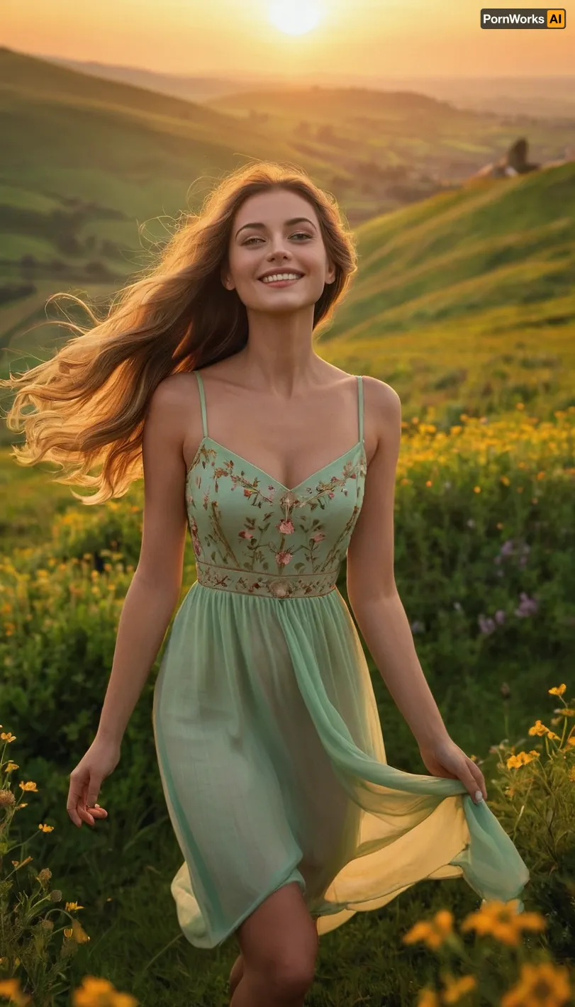 레이디얼 순간: 젊은 여성의 기쁨을 상징하는 다채로운 일출의 초세, highres disney 애니메이션 스타일 걸작