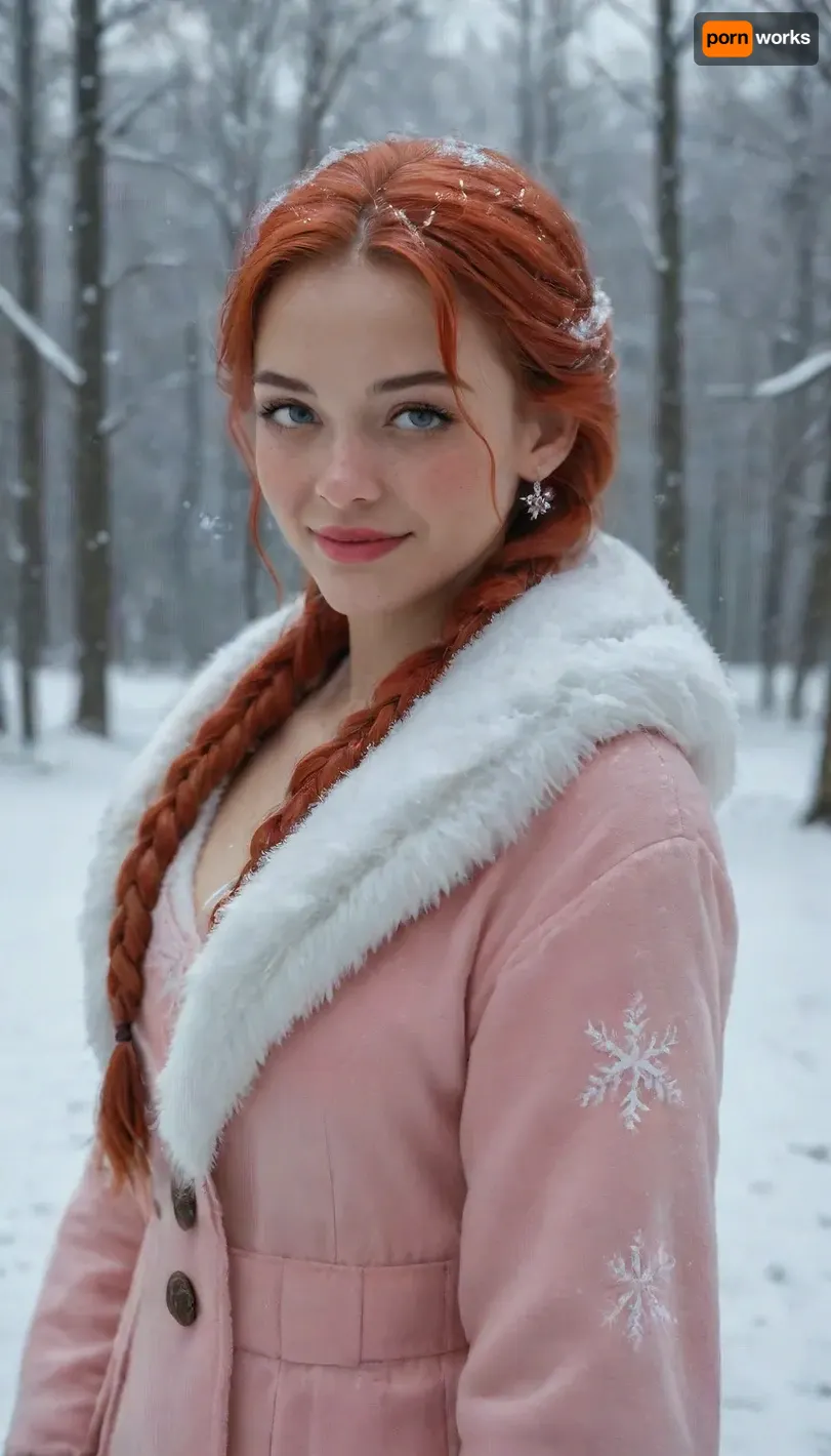 A gorgeous girl, thin, white skin, red hair, frackles, wave hair with ponytail & braids, 22 years old, anna, standing in a snowy forest, she is wearing black and red fur dress, perfect medium tits, smiling, pink lips, (((snow, ice, snowing, snowflakes, in, on, head, shoulders, upper, body))), royal man prince with hard cock, man prince wearing fur clothes, handsome prince, ((full body))
