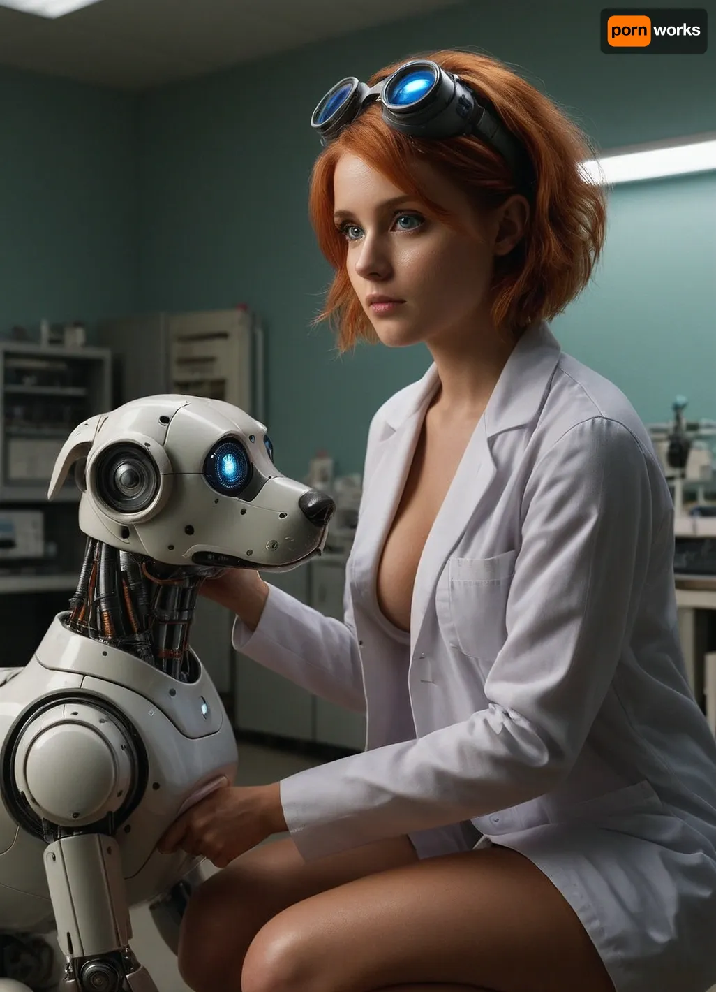 score_9, score_8, 1girl, breasts, nipples, 1robotic_dog, goggles, goggles_on_head, solo, blue_eyes, concentrated, lab_coat, tanlines, laboratory, science_lab, robotics_lab, robotic_dog, large_breasts, tan, blush, orange_hair, short_hair, belt, brown_hair, shirt, mole, squatting, robot, ais-rbts, <lora:ais-rbts-sdxl:.5>