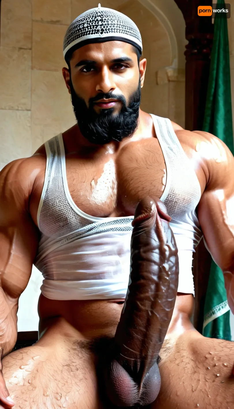 ('Afzal Khan', Very ruggedly handsome Big Muscular Indian Muslim bodybuilder getting sexually aroused sitting in the Mughal Court), ((large circumcised black dick, Big black cock, Thick and Curvy Penis)), (Handsome and Hot Muslim hunk with long beard), dark and rough Muslim men, 40 year old, Muslim, tall muscled Arab Indian dark male, rough, dominant, daddy, (hairy Chest, hairy armpits), bodybuilder, perfect fingers, oily Sweaty body, dilf, Big seductive eyes, Wet body, rain drops, ultra sharp high definition details, pubic hair, professional photography, insanely detailed, RAW photo, HDR, hyper-realistic, cinematic lighting, photo realism, ((Married Muslim Man wears white Mesh Muslim prayer Cap, wet from sweat, Muslim locket)), lustful eyes, menacing attitude, softlight, dark illumination, penis, Big, cock, <lora:xpenis-1.5e:.5>, <lora:pein:.5>