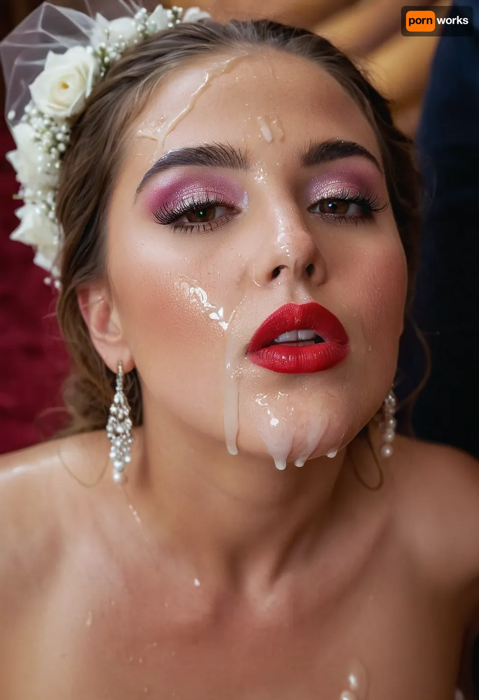 bukkake, cumshot, facial portrait picture of the Bride face in cum facial, with heavy colorful makeup and a lot of makeup, a lot of Cum on her face, cum on her long black eyelashes, Cum on her eyelids, Cum on her cheek skin, her face wet with Cum, Cum on her red lips. cum on her wedding tail., woman, cum, on, face, <lora:JustCum:.7>