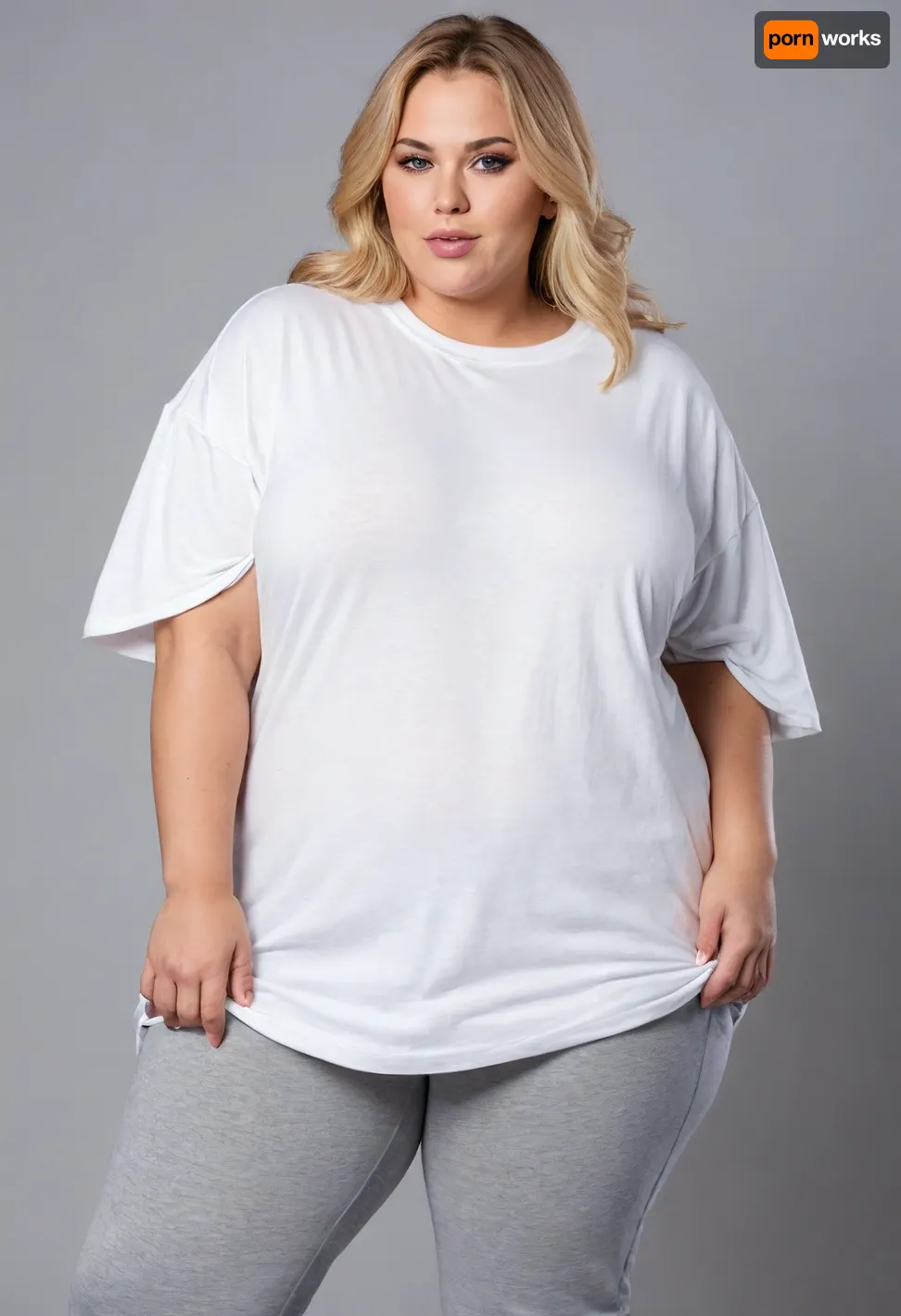 1 woman, white, American, hair, blonde, chubby face, pretty eyes, double chin, broad jawline, fat shoulders, strong arms, (((gigantic breasts unter shirt))), (Wearing a loose wide oversized T-shirt white:1.8), blue Jeans, high Black Boots, high resolution, woman, 50 yo, slight wrinkles in face, looking into camera, Detailed Face, (gigantic hanging bosom:1), 3/4 body, tone body, flat stomach, high definition face, high cheekbones, green eyes, seductive smile, fat ass, strong thighs, wide hips, bob haircut, bbw, chubby, plus-size, fat hips, chest, big, breasts, huge, gigantic, hips, thighs, wide, thick, plump, belly, female, arms, extra, <lora:Venus_Body_Alpha:.5>