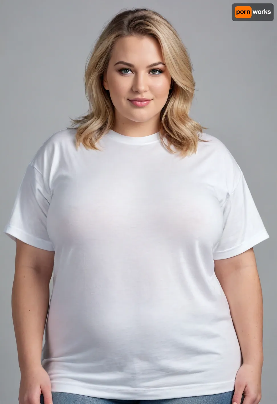 1 woman, white, American, hair, blonde, chubby face, pretty eyes, double chin, gorgeous face, broad jawline, fat shoulders, strong arms, (((gigantic breasts under shirt:1.3))), (Wearing a loose wide oversized T-shirt white:1.4), blue Jeans, high Black Boots, high resolution, woman, 50 yo, slight wrinkles in face, looking into camera, Detailed Face, 3/4 body, chubby body, high definition face, high cheekbones, green eyes, seductive smile, fat ass, strong thighs, wide hips, bob haircut, bbw, chubby, plus-size, fat hips, chest, big, huge, gigantic, hips, thighs, wide, thick, plump, belly, female, arms, extra, <lora:Venus_Body_Alpha:.3>, portraits