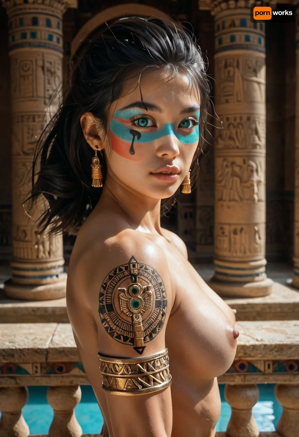 Upper body view, close-up of boobs, focus on boobs, young beautiful 18 years old girl, Asian, toned muscles, slim, bright turquoise eyes, naked, bob hairstyle, straight black hair, girl squeezes her boobs, ritual face paint, ritual makeup, ritual crown, ritual jewelry, gold jewelry, body is completely covered with runic tattoos, view from inside the temple, balcony of an ancient Egyptian style temple