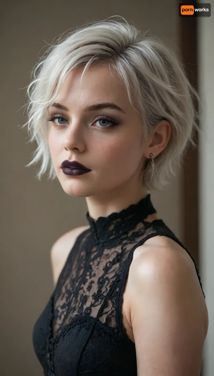 masterpiece, best quality, girl, solo, 29 years old, white hair, (very short hair:1.2), goth, gothic style, gothic make-up, black lipstick