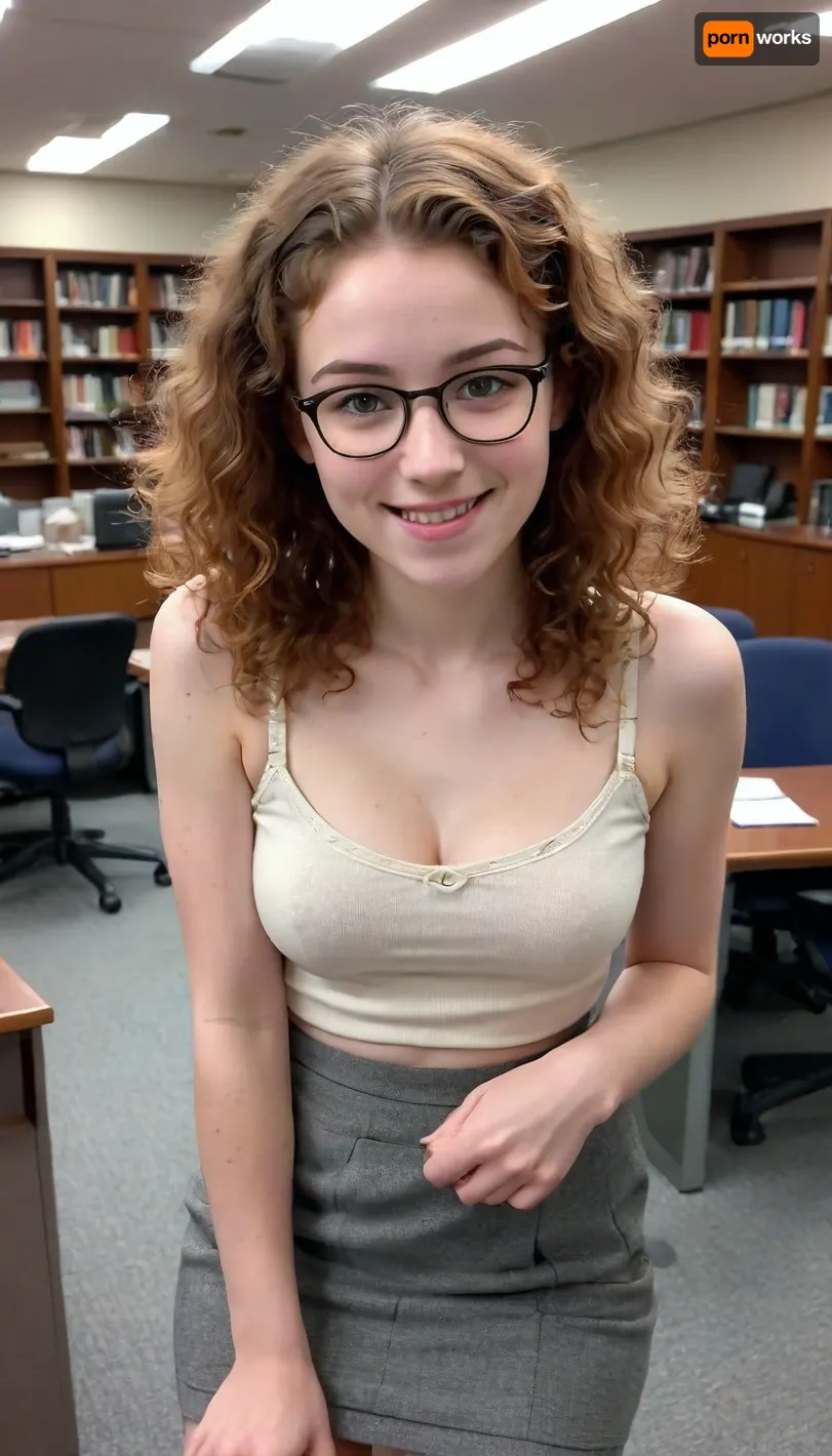 insanely hot and cute 25 year old librarian, curly and frizzy hair, slim and slender, shy, blushing, smirking, horny, ugly teeth, freckles, nipples, conservative clothes, skirt, perfect face, best face quality, dorky, nerdy, <lora:skirtlift_xl:.5>
