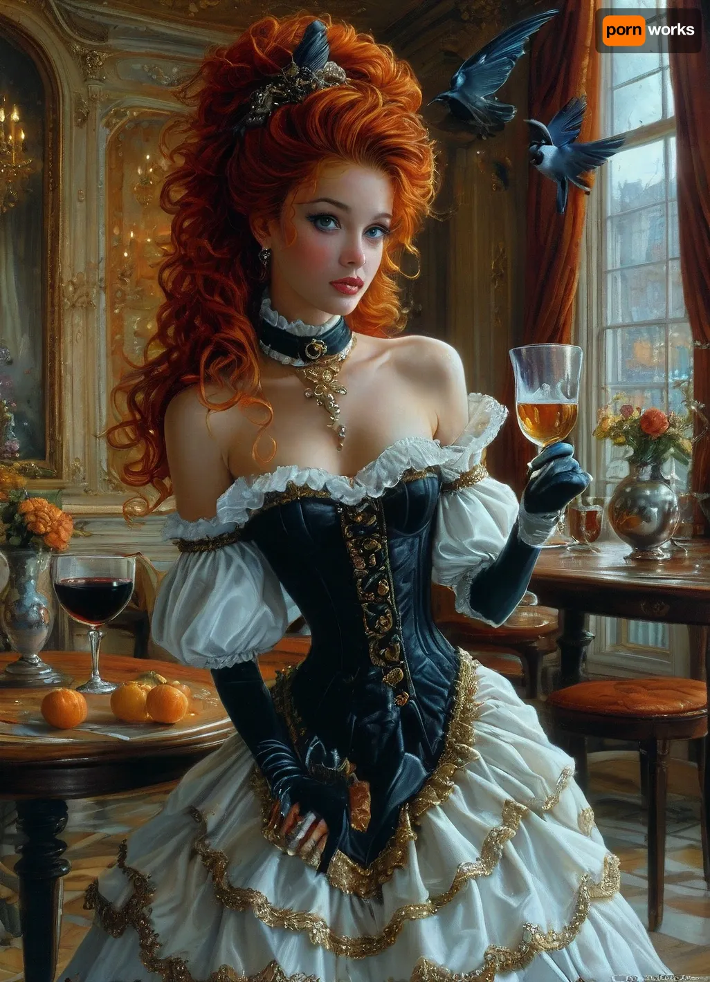 Eine magische Begegnung: die Solo-Performance des Leder-Clad-Mädchens im Ballkleid (orange & braun ponytail edition)