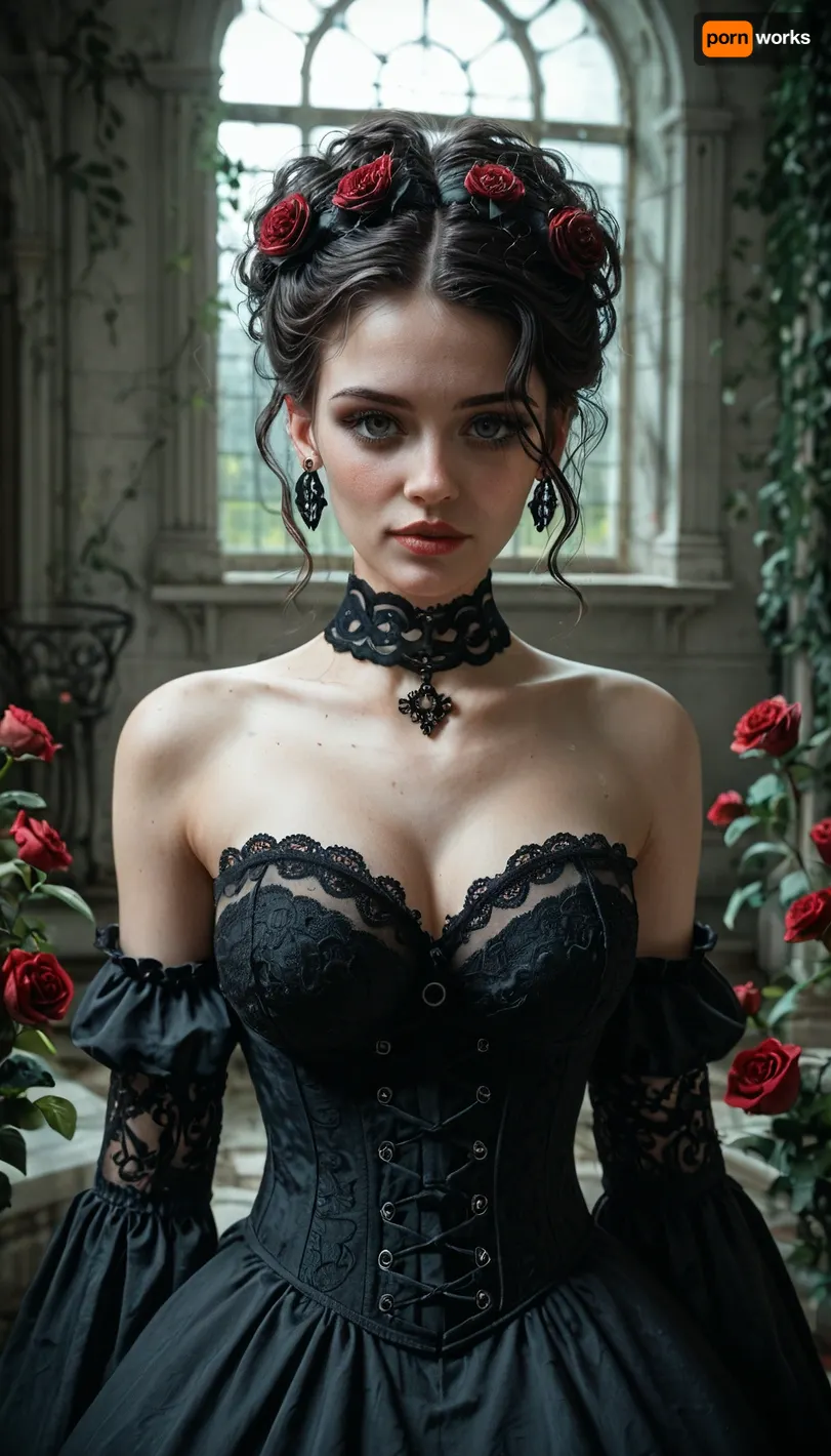 A Victorian-inspired scene featuring a young woman standing in the misty garden of a haunted mansion. The woman is dressed in a dramatic, elegant white corset gown adorned with delicate lace details along the sleeves and neckline, evoking a gothic yet refined aesthetic. Her porcelain skin glows softly in the ambient light, contrasting against her dark attire. Her high-piled, intricately styled hair features voluminous curls and loose strands framing her face, lending an air of grace and mystery. She wears a choker with a black pendant, adding a subtle touch of sophistication to her ensemble. Her expression is one of gentle curiosity and subtle unease, her large, expressive eyes drawing the viewer into the eerie atmosphere.
The background reveals the imposing haunted mansion, its towering architecture characterized by steep gables, intricate woodwork, and ivy crawling along its weathered walls. The mist rolls across the garden, partially shrouding the wrought-iron fence that encircles the property. The faint silhouettes of twisted, barren trees loom in the distance, their skeletal branches reaching towards a pale, overcast sky.
The scene is bathed in a moody, diffused light, with warm hints of sunlight breaking through the mist to highlight the mansion's aged stonework and the soft petals of blooming roses scattered throughout the garden. The ethereal fog, combined with the timeless beauty of the setting, immerses the viewer in a gothic tale filled with mystery and elegance.