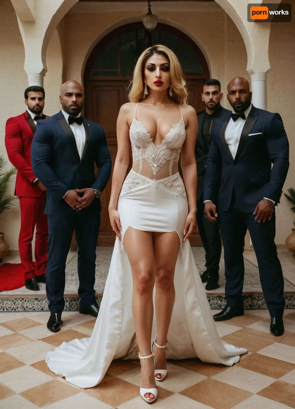 a photo of a Iranian sexy slut Bride, heavy red makeup, Blonde, cute, white high heels, Surrounded by several muscular black men, luxury villa, <lora:XL_FDOneNudeFemale:.3>