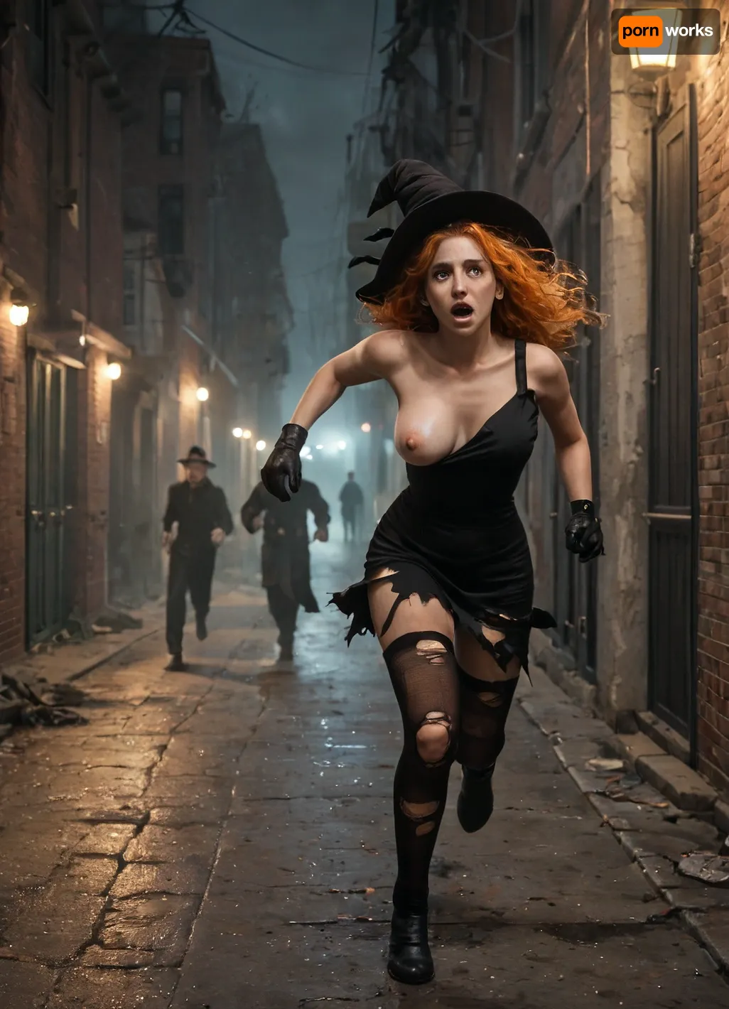 The last witch of Victorian London escapes from hunters in dark alleys. 1girl, girl_running, breasts, frightened solo, hat, thighhighs, multiple_men, photo_background, witch_hat, dress, clothes_lift, torn_dress, large_breasts, torn_clothes, ((one_breast_out:.7)), escaping, nipslip, nipple, fear_expression, fear, gloves, red_hair, orange_hair, night, city, dark_alley, outdoors, long_hair, witch, ((running:.7)), fog, runaway, cowboy_shot, running_away_from_a_group_of_men, torches