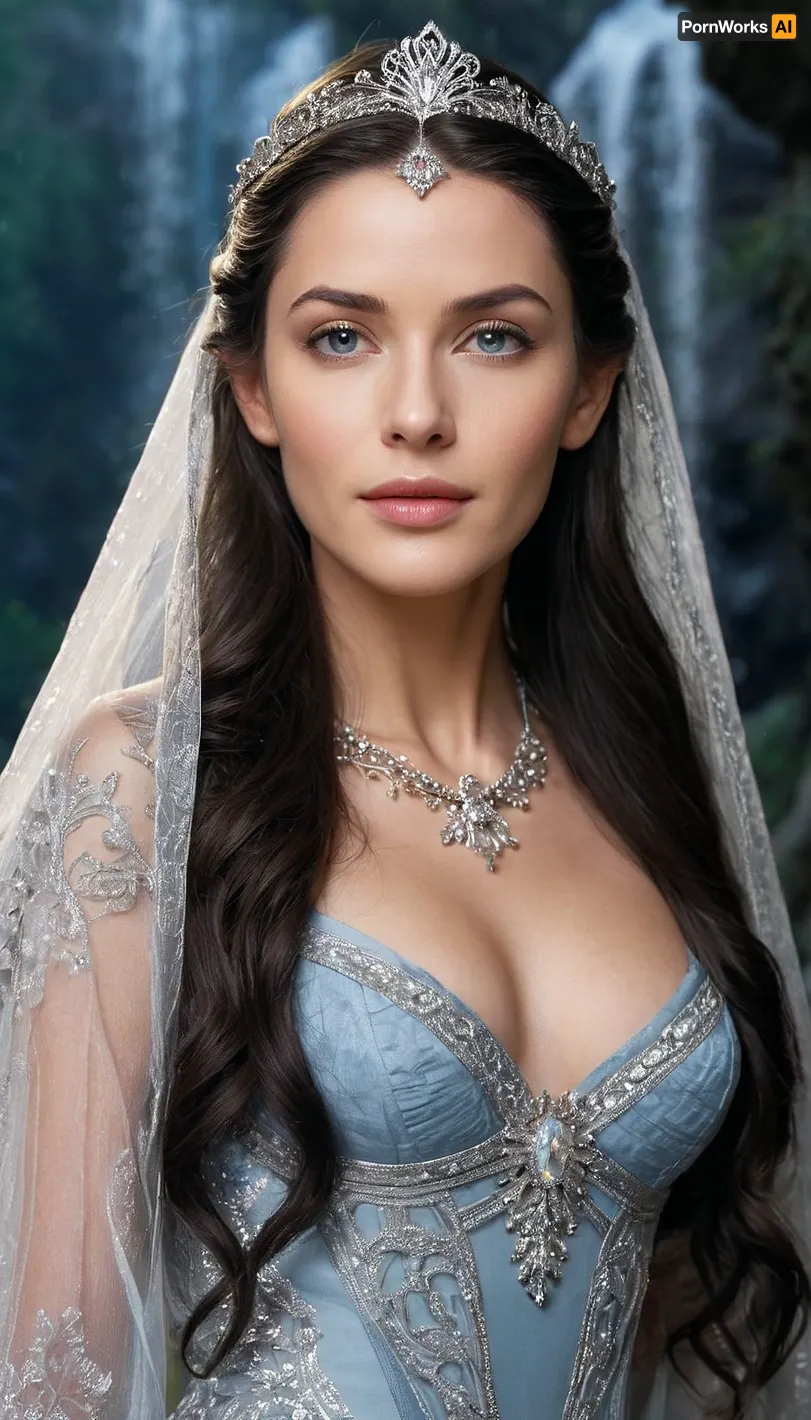(masterpiece, best quality, highres, photorealistic), breathtakingly beautiful Arwen Undómiel, elven princess of Rivendell, standing gracefully under the moonlight, surrounded by ancient elven architecture and cascading waterfalls, deep silver-blue eyes radiating wisdom and mystery, high cheekbones, delicate facial structure, flawless porcelain skin with a subtle ethereal glow, full, soft pink lips slightly parted, long, flowing, wavy jet-black hair cascading over her shoulders, illuminated by the celestial glow, wearing an elegant, flowing silver silk gown adorned with intricate elven embroidery, wide ethereal sleeves draping gracefully, cinched at the waist with a delicate silver chain belt, elven tiara resting upon her forehead, intricate filigree reflecting the moonlight, misty ambiance, soft glowing particles floating in the air, cinematic lighting, ultra-detailed textures on fabric, glowing reflections on water, balanced color grading, sharp depth of field with blurred background, ultra-sharp focus, 8K resolution.