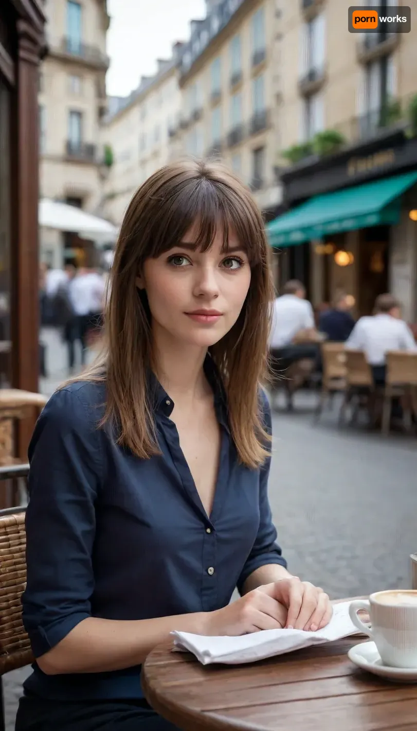 woman sitting a french street cafe, brown hair with bangs, clothes_lift, shirt_lift