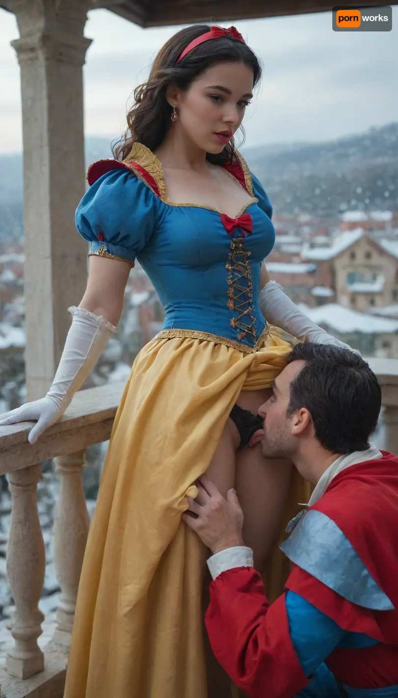 score_9, score_8_up, score_7_up, score_6_up, score_5_up, score_4_up, digital art, realistic, ((Snow White in her iconic dress with a royal blue corset with shoulder pads and bright yellow flowing skirt)), woman black panties down, woman pulling panties aside, man pulling woman panties aside, woman bending on balcony, wide hips, medium perfect tits and medium perfect ass and hips, on a balcony at night with coastal city on background, man dressed as king, panties aside, man licking woman pussy, cunnilingus, dress skirt lifted, man head inside dress skirt