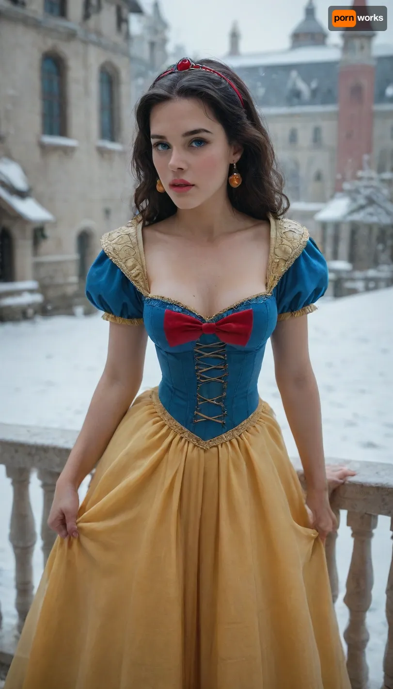 score_9, score_8_up, score_7_up, score_6_up, score_5_up, score_4_up, digital art, realistic, ((Snow White in her iconic dress with a royal blue corset with shoulder pads and bright yellow flowing skirt)), woman black panties down, woman pulling panties aside, man pulling woman panties aside, woman bending on balcony, wide hips, medium perfect tits and medium perfect ass and hips, on a balcony at night with coastal city on background, man dressed as king, woman on her knees, man pants opened, fellatio