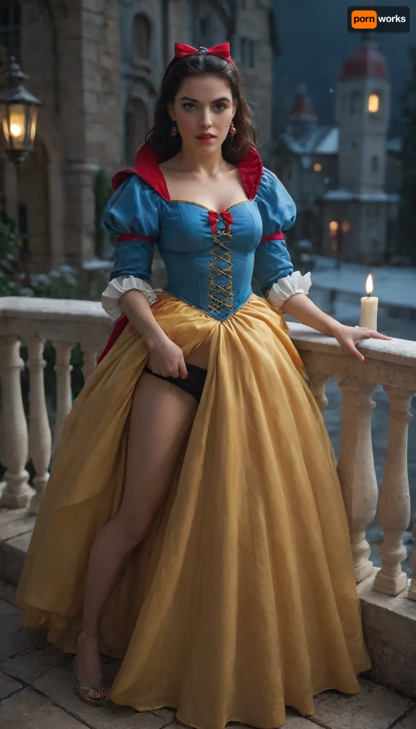 score_9, score_8_up, score_7_up, score_6_up, score_5_up, score_4_up, digital art, realistic, ((Snow White in her iconic dress with a royal blue corset with shoulder pads and bright yellow flowing skirt)), woman black panties down, woman pulling panties aside, man pulling woman panties aside, woman bending on balcony, wide hips, medium perfect tits and medium perfect ass and hips, on a castle balcony at night with candlelights, man dressed as king, woman on her knees, man pants opened, fellatio