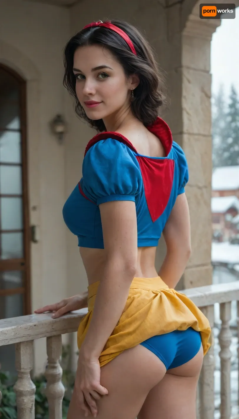 score_9, score_8_up, score_7_up, score_6_up, score_5_up, score_4_up, digital art, realistic, ((Snow White in her iconic colors with a royal blue sexy sports top with shoulder pads and a bright yellow mini skirt)), sexy smile, short hair, messy fringe, posing sexy to viewer, wide hips, medium perfect tits and medium perfect ass and hips, on a balcony, sensually lifting her skirt pad, skirtlift, revealing panties, bending over balcony, man pulling woman panties aside, woman heavily bending on balcony, on a balcony in a sunny day, one man standing, man cock in woman ass, ass_fuck, panties aside, havingsex, woman panties down, man fucking woman ass, anal_sex