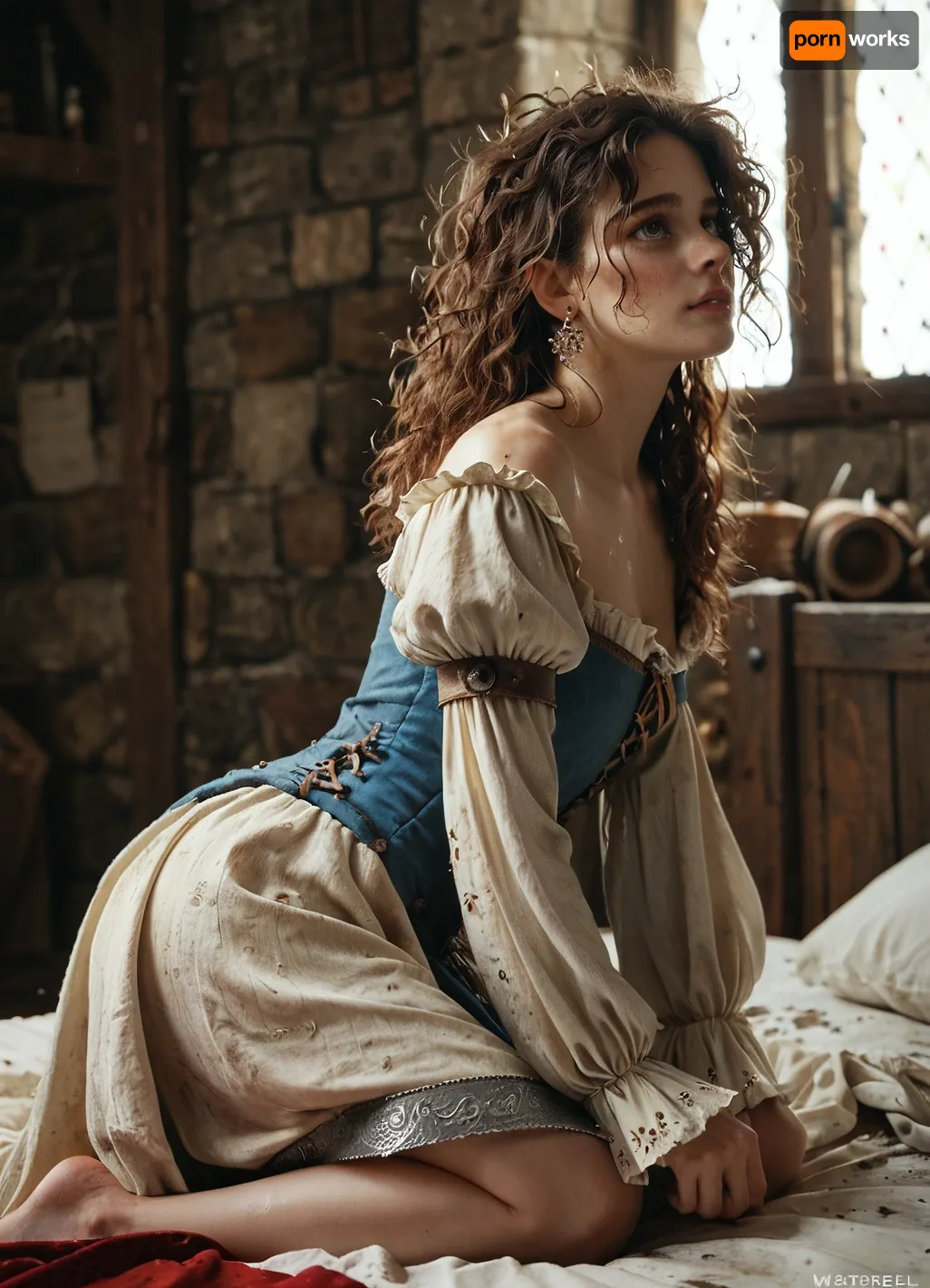 Medieval dress, on her knees, on a bed, in a dungeon, side view, messy hair, after sex