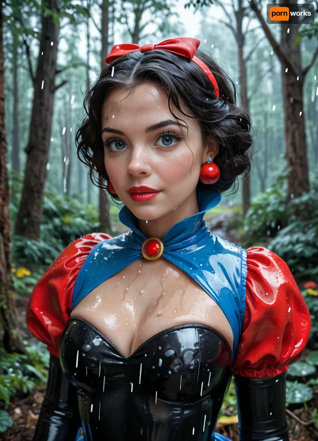 Snow White, Disney, Disney Princess, classic costume, latex costume, rainy day, in the forest with the 7 Dwarfs' cabin in the background