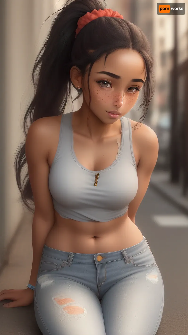 young Black girl with a medium-dark skin tone and medium-length, hair in a high ponytail with a red scrunchie. She wears a gray tank top with a colorful graphic that reads "GIVE A LITTLE LOVE" and unzipped blue jeans with, (torn crotch:1.2), . She stands on a narrow, urban street lined with brick buildings and parked cars. The background is slightly blurred, emphasizing her serious expression and natural beauty, ((submissive)), ((lovely)), (((in very sexual erotic pose))), wild short sport ponytail, full body, ((very much want have sex)), ((high detailed pores on skin)), well-build body, medium tits, small lips, lots of freckles face and skin, blush on the checks and nose, (raised nasal tip, upturned button nose, upturned nose, delicate nose, nose), hypnotized loving grey eyes, brown wild wet hair with sidelocks, very sexy smile, ., torn, fly, down, at, _______, <lora:tornclothesv6-8:1.2>