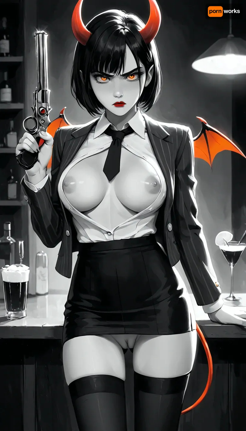 anime, (1girl), (a gorgeous 25 year old white succubus with, demonic wings on back, horns, tail:1.2), (in the style of Frank Miller's Sin City, high contrast shading:1.4), (black and white photography, desaturated color, monochrome, black and white:1.3), inside bar, (holding a glass of bourbon in one hand), (holding a revolver in her other hand:1.2), (intimidating pose), (unbuttoned shirt revealing breasts, unbuttoned black pinstripe blazer with pencil skirt and black stockings:1.2), (black tie), natural b cup breasts, perfect nipples, (nipslip:1.2), candid upskirt view, pussy, (succubus has long black hair bob haircut), (wide open orange eyes), black and white oxford shoes, (red lips:1.2), slim, athletic, gymnast body, Suspicious look, mysterious, <lora:add_details_xl:.5>, <lora:Animated_Concept:1>