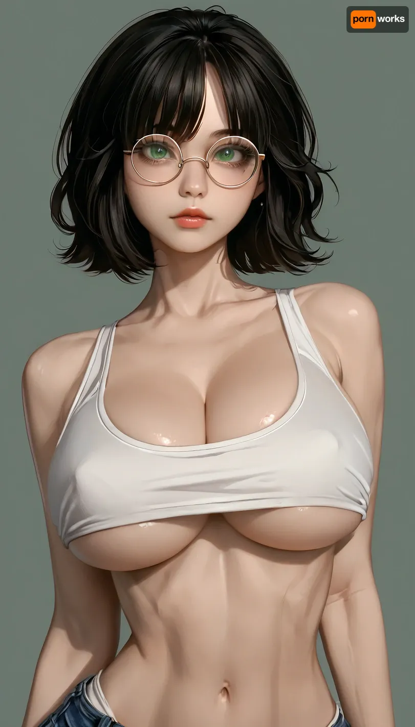 1girl, pretty girl, green eyes, black bangs, round glasses, wearing a white tank top, underboob, big cleavage, big tits, ratatatat74, <lora:ratatatat74-000050:1.7>, <lora:ishikeiXL:.9>