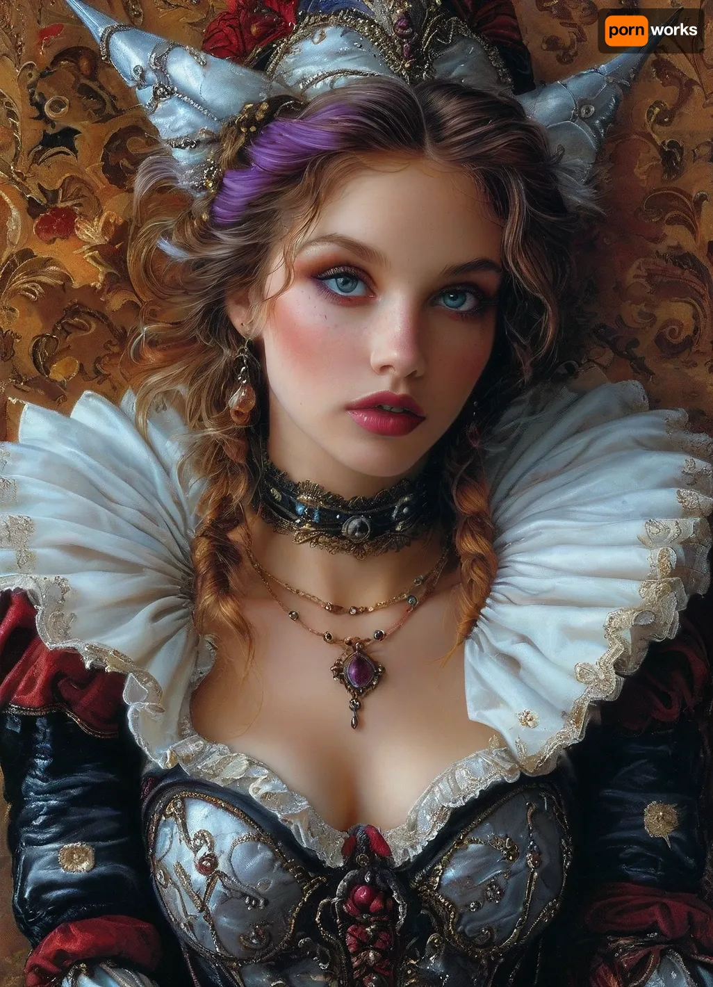 masterpiece, best quality, dark background, 1girl, 19yo old, solo, looking at viewer, long hair, ponytail, purple hair, very long hair, white hair, magical girl, (style Luis Royo:1.5), (Prohibited), leather, halter, ball, gown, knee, length, short, elbow, gloves, full, body, shot, <lora:tbh129-sdxl:.9>, <lora:abstract_k_XL:.6>
