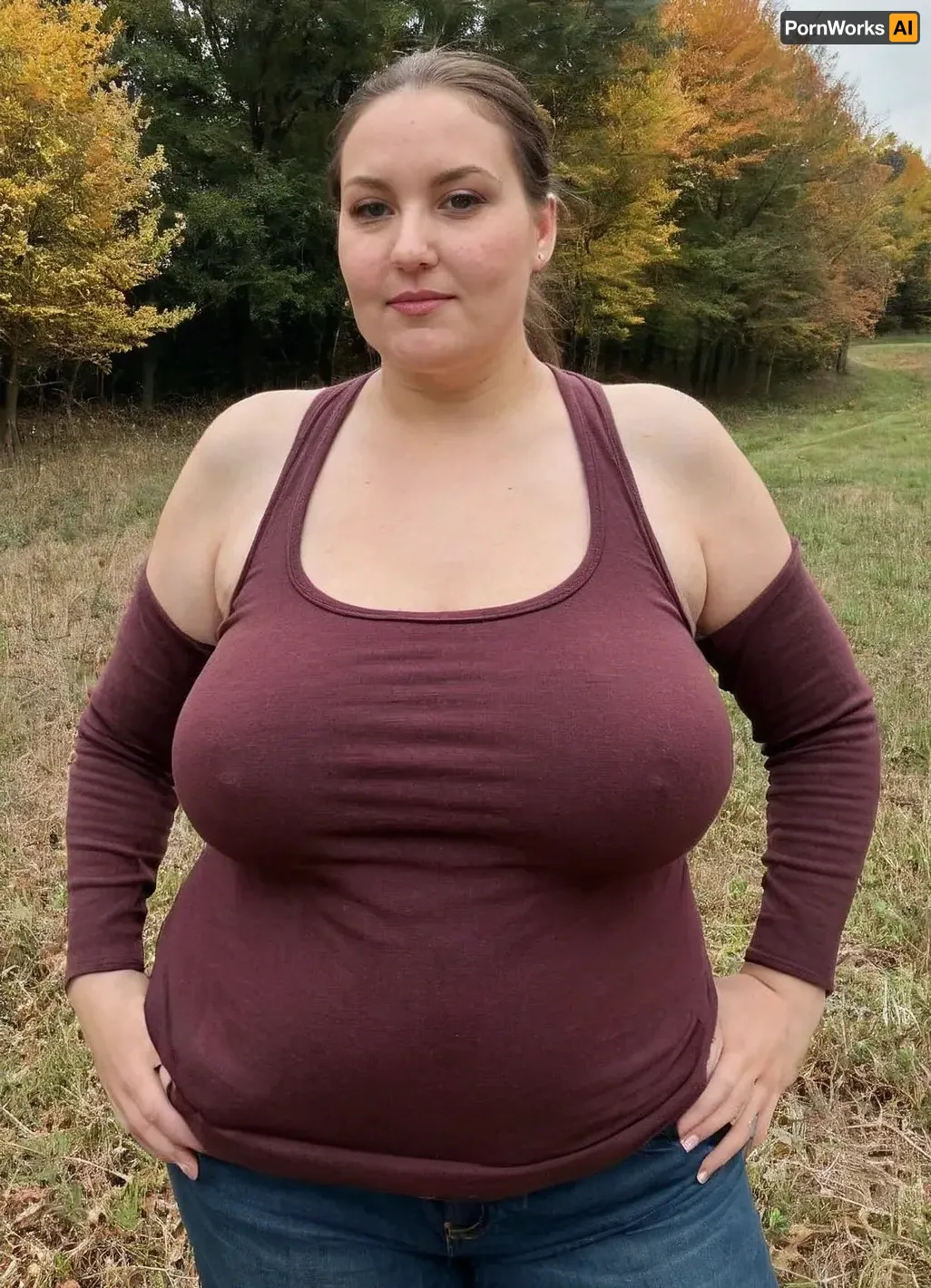 (masterpiece, best quality:1.2), very plus-size 1 girl, (((ssbbw))), ((oversized massive bosom)), 42yo milf, solo, blue jeans, (anthracite fleece troyer, no bra, braless, long sleeves:1.2), pretty eyes, thick brown hair, bright grey eyes, hair in a ponytail, slight grey in hair, in autumn Canadian landscape, slightly smiling, photorealism, perfect face, portrait, braless, Wearing, clothes, that, make, sense, with, fat bbw, body freckles, sagging belly, shapeless, saggy, (old big breasts, hanging deep, heavy boobs, big saggy old boobs, big teardrop shaped breasts, erect nipples), ((nude below waist, dark burgundy tank top)), Braless>, sagging, big breasts, megachubsdxl, morbidly, obese, <lora:bralessSDXL_v1_00022:.5>, <lora:sagging-000015:.7>, <lora:megachubsdxl_13:.3>