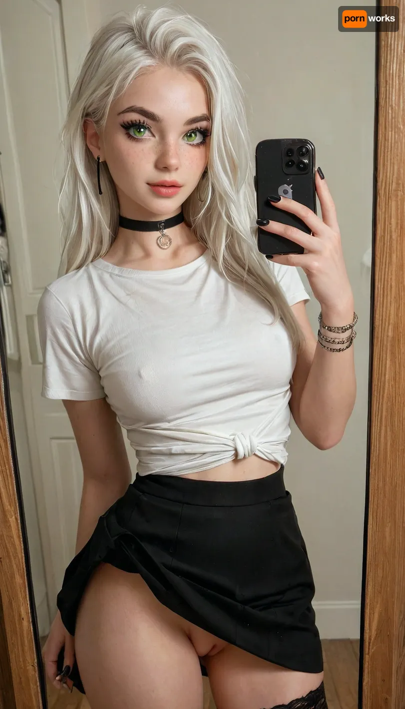 1 girl, 21 years, white hair, green eyes, freckles, iphone, mirror, selfie, holding, alt fashion, iPhone, alternative fashion, piercing, choker, long eyelashes, arrows on the eyes, cosmetics, mascara, short skirt, skirt lift, lift with one hand lifts the skirt, skirtlift, <lora:iphone_mirror_selfie_v01b:1>, <lora:skirtlift_xl:.5>