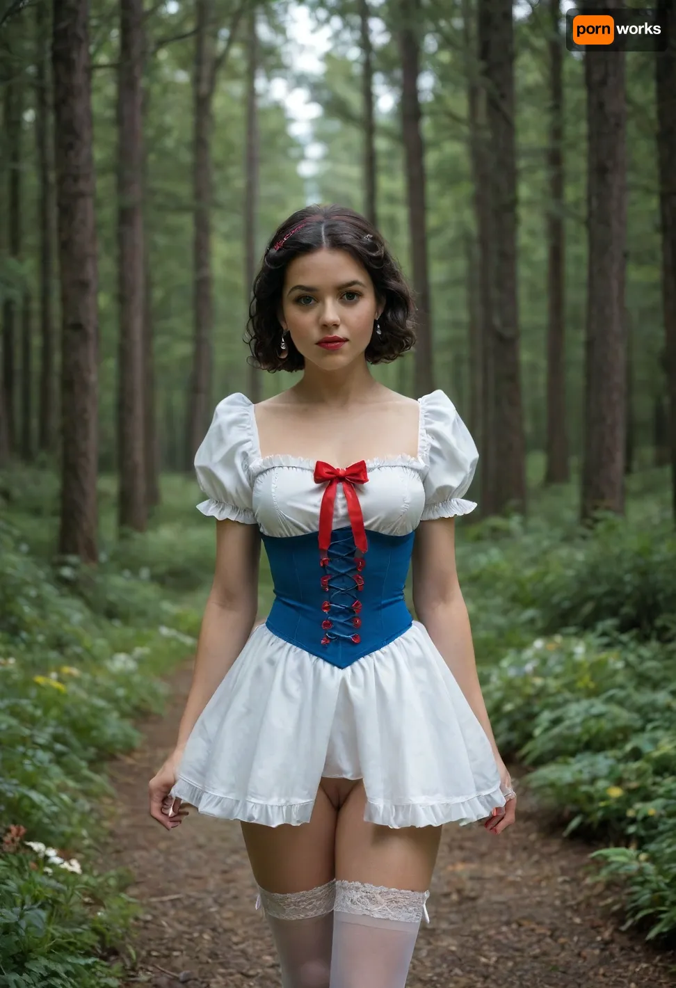 Snow White disney princess in wonderland forest background, walking in wonderful forest with fawn, showing open vagina pussy, Craft an image of a woman with luminescent blue eyes and black hair, clide in a blue-yellow leather bdsm style corset, snow white dress style, Red bow on the hair, silk stockings with support, with open sheved pussy, steampunk, rich in detail and frills, The setting is ethereal, with a backdrop fantasy forest with flowers and butterfles, that accentuates the ornate outfit. Ensure ultra-high-detail, photorealism, and crystal clear 32k resolution for a true masterpiece.