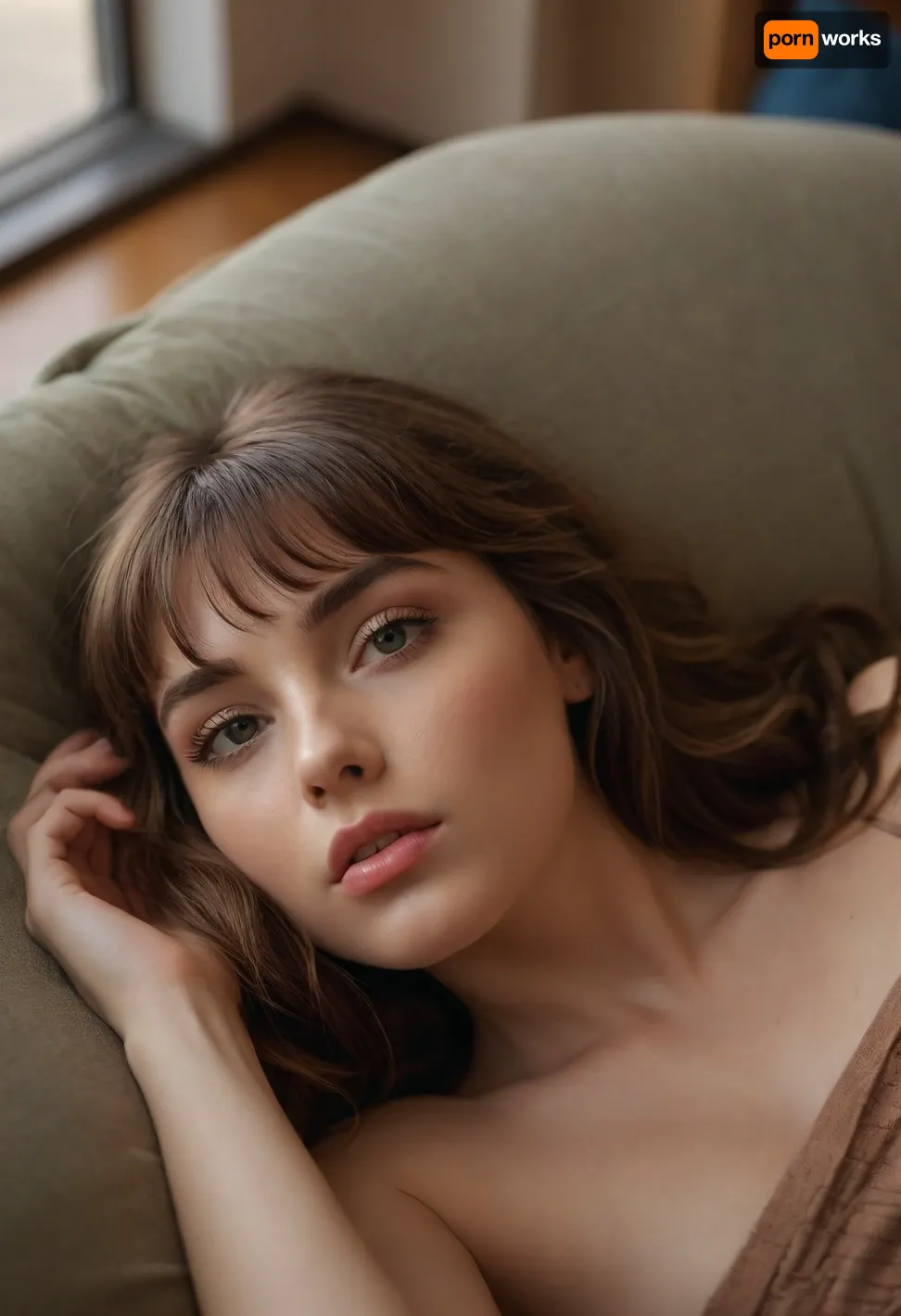 stunning fashion magazine cover portrait of a high fashion model with warm brunette hair cut in textured waves with cute bangs and a defined fringe, playful eyes, long eyelashes, looking away conspirationally, lip bite, cozy setting, lying on couch, lying on stomach, natural window light, golden hour lighting, gentle and inviting expression, (long legs, view from above, medium distance shot, head resting on arm, wearing cute socks), ziprealism