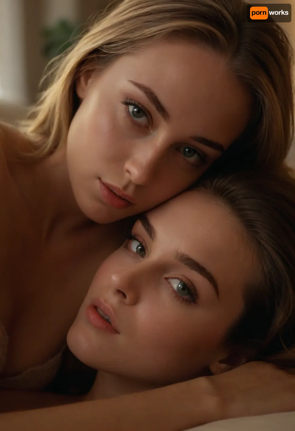 a sensual portrait of girlfriends cuddling intimately on the couch, delicate features, playful eyes, long eyelashes, contented expression, makeup model, cozy setting, natural window light, golden hour lighting, (foreplay, teasing, anticipation), ziprealism, sunnyrayyxo, <lora:sunnyrayyxo_v1_SDXLBase:.4>