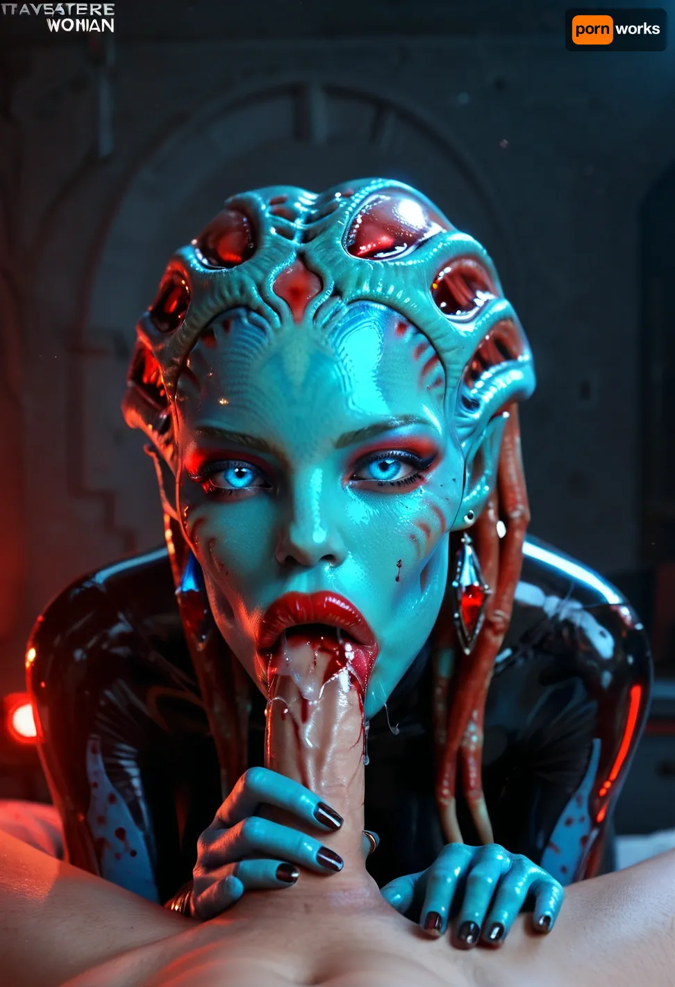 Masterpiece, ultra-realism, 1 woman alien a 2m40, (alien woman:1.7), makeup, narrow waist, alien hair, blue eyes, glowing eyes, look at viewer, high detailed face, (transparent saliva:1.2), earrings, (big lips:1.2), excited look, (glossy red lipstick:1.2), (blood), shiny skin, thin, huge breasts, latex dress, wide hips, glowing vagina, red glowing altar, alien woman on top man, On all fours, (pov, penis deepthroat), 1 man lying on back, Penis, blood, side view, Cinematic light, best quality, mega detailed, mega quality, high detailed