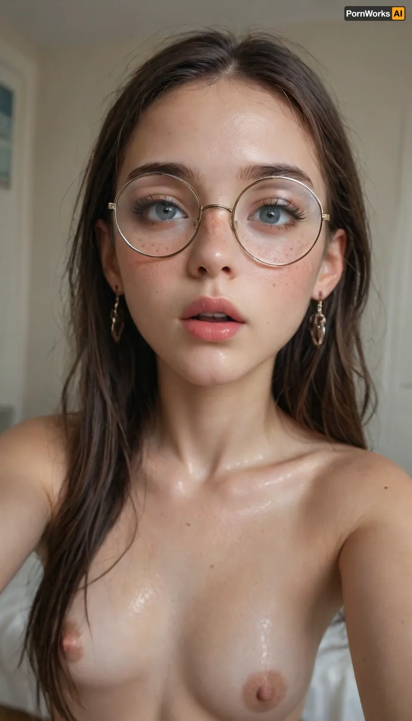 Young girl, big long eyelashes, (light eyes:1.2), (((oiled skin))), (natural daylight), ((best pose selfie)), rich color palette, masterpiece
small, petite, skinny, small body, slender body, (glasses), ((round glasses)), ((very long hair)), (naked nude:1.4), ((shock)), ((freckles body)), (blush), <lora:add-detail-xl:.5>, <lora:nwsj_xl_v2:.1>