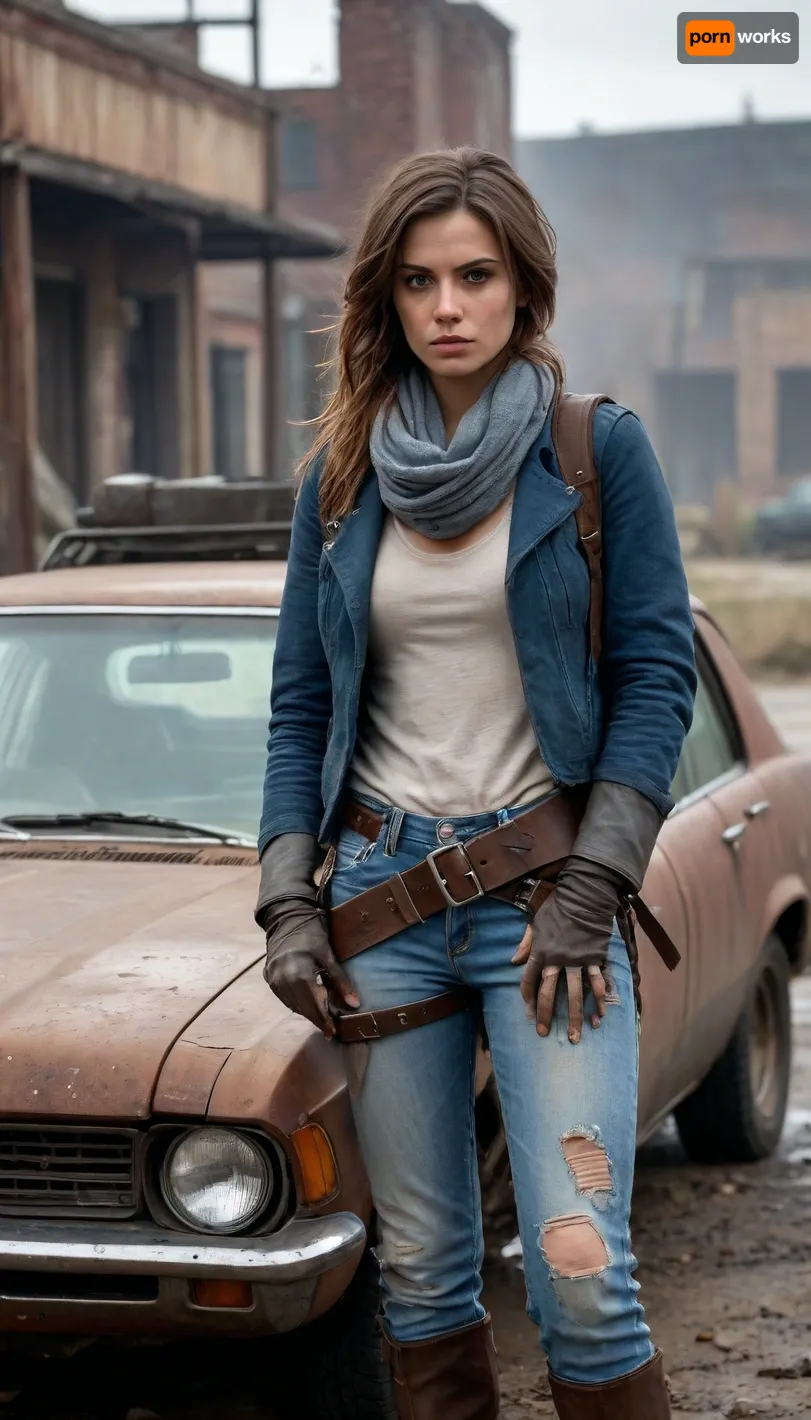 "A post-apocalyptic wasteland with a female desert ranger actively opening the rusty door of an overturned car, her gloved hand clutching a crowbar, trash flying around, tattered clothes, (worn leather belts, torn seat belts), smeared with mud and oil, fierce amber eyes focused on cleaning up trash, wind-blown brown hair spilling out of her face.\, under her homemade headscarf, surrounded by abandoned cars with broken windows and collapsed roofs, cracked asphalt littered with broken glass and twisted metal, distant zombies silhouetted against the foggy ruins, 8k resolution, hyper-realistic textures, (peeling paint, weathered skin, rough surfaces), cinematic HDR \, lighting, which casts sharp shadows, anti-aliasing, depth of field that accentuates it, reflections from rays in oil puddles, volumetric fog that mixes cold gray-blue tones with muted shades of rust, lossless PNG format, without pixelation.`, kkw-new-neg-v1.6, p13rc1ng, lip, piercings, <lora:p13rc1ng:.5>