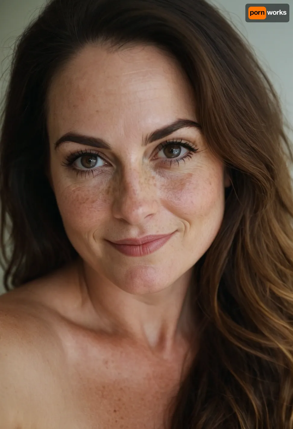 mature, 50 years old, brunette long hair, curvy, big huge black eyes, freckles on face, thick black eyebrows, pale skin, very cute and sexy, long face, wide face, big long chin, naught smile, in the morning, selfie